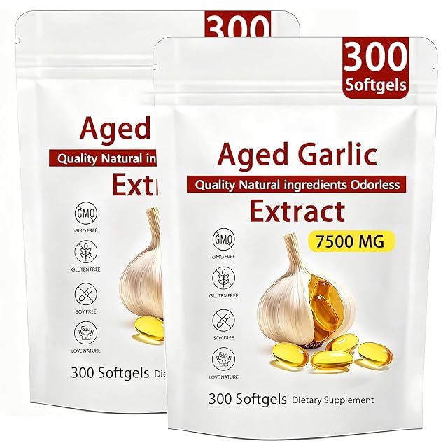 Aged Garlic Extract 300 Count 7500mg Odorless Organic Garlic Supplement for Heart Immune Support Non-GMO All-Natural Softgels 2-Year