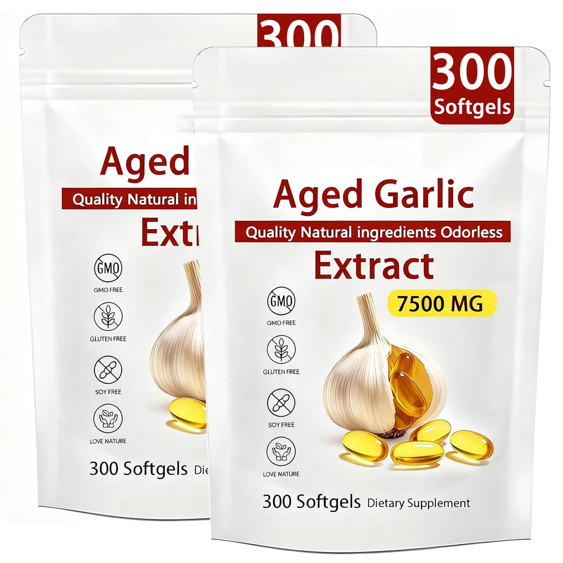 Aged Garlic Extract 300 Count 7500mg Odorless Organic Garlic Supplement for Heart Immune Support Non-GMO All-Natural Softgels 2-Year