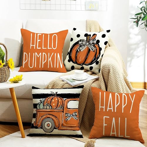 Miniatura 2 de Juego de 4 fundas de almohada decorativas de otoño con diseño de calabaza y granja de Acción de Gracias, fundas de cojín de otoño para sofá y hogar