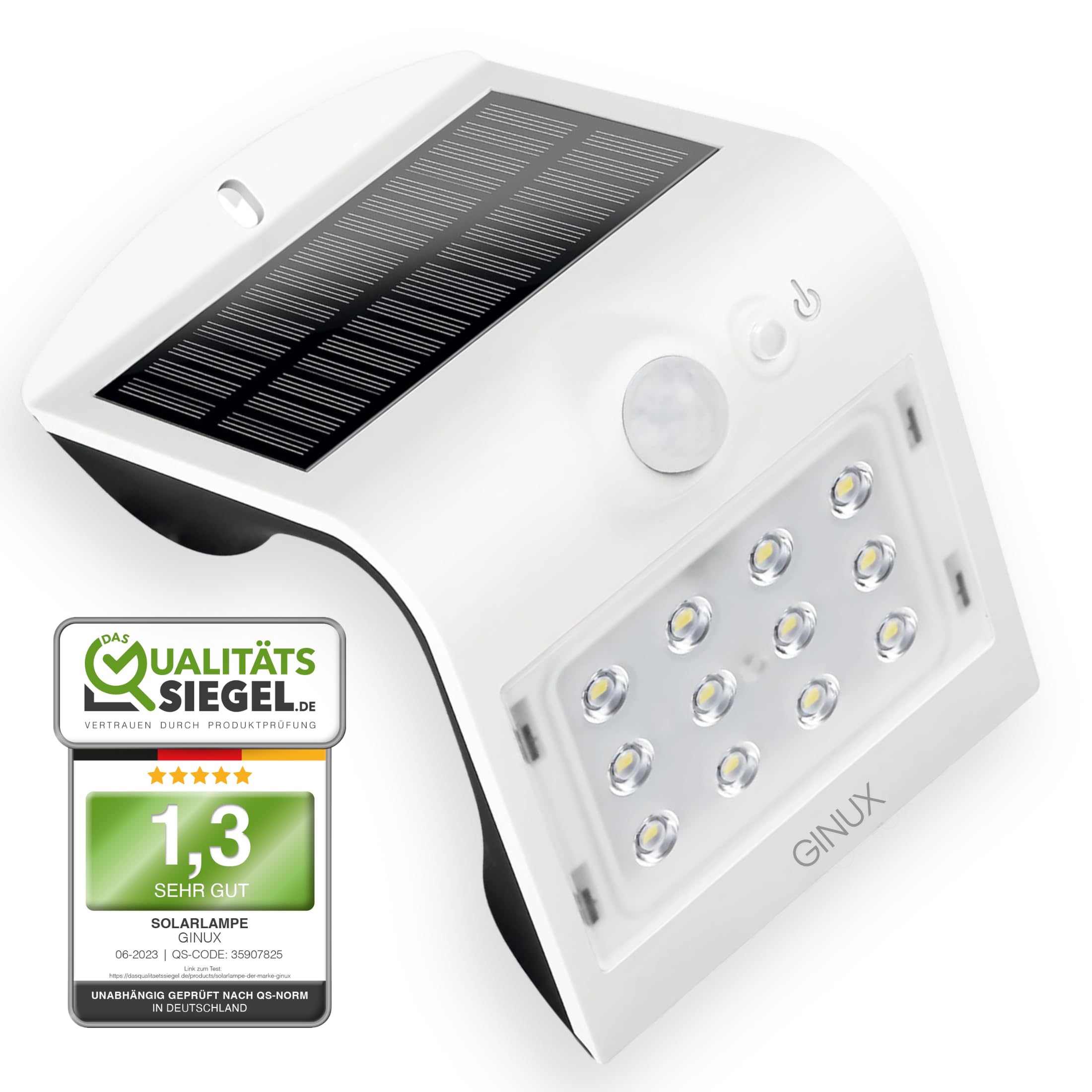 GINUX Solarlampen für außen mit Bewegungsmelder - Solar Wandleuchte aussen mit Superhellen LEDs und PIR-Sensor, Solar LED Strahler für Wand und Garten (15W Weiss)