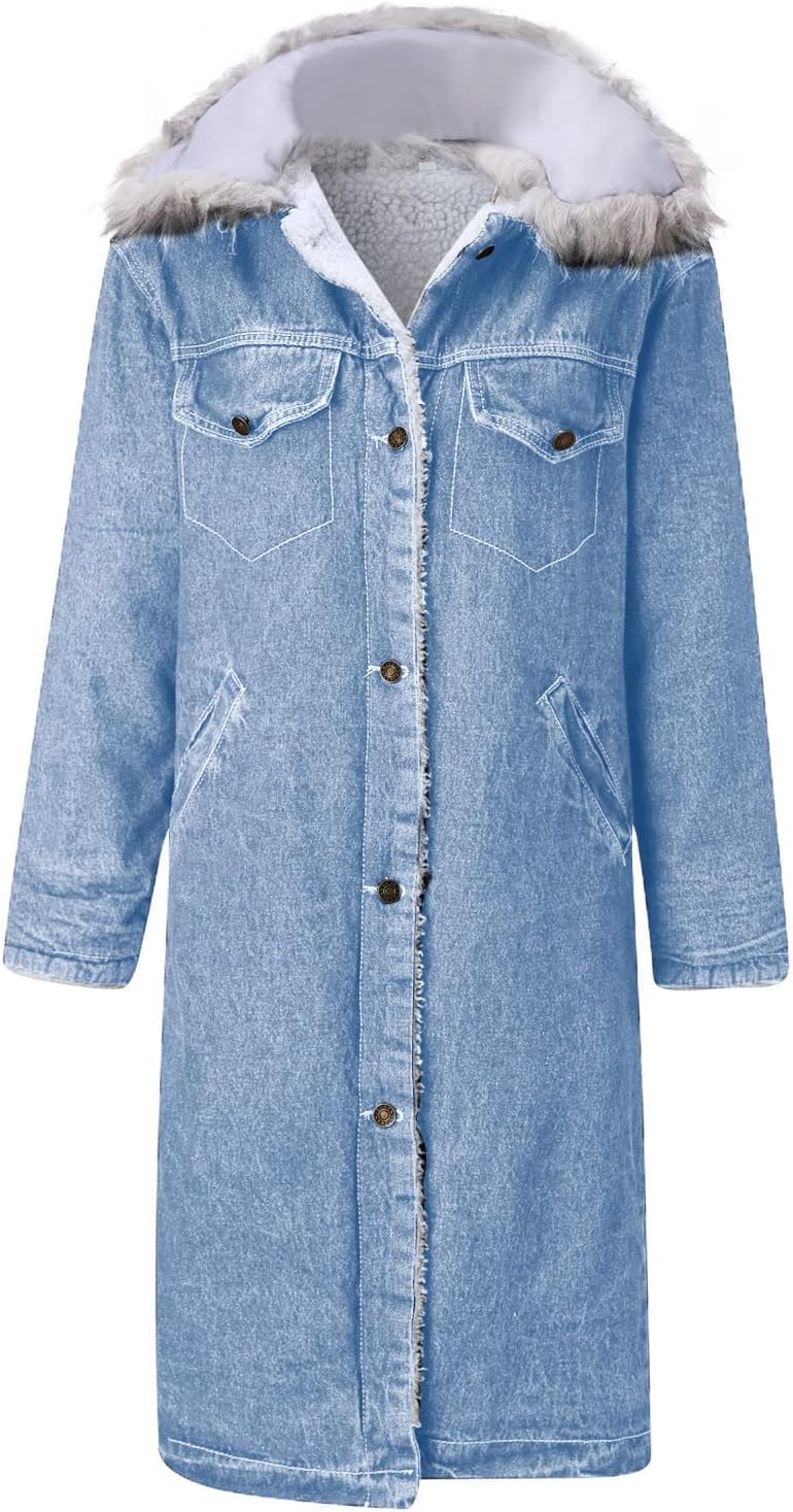 Chaqueta Vaquera Larga de Invierno con Forro Polar Chaqueta Vaquera con Botones Acolchados Chaqueta Vaquera cálida con Forro Polar Chaqueta Vaquera Tipo Gabardina