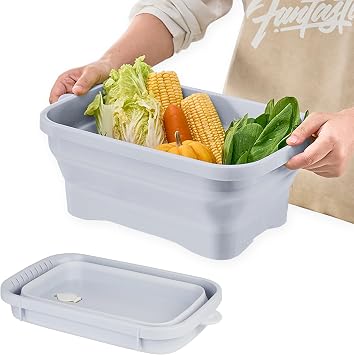Collapsible Dish Pans, 2Gal 7.5L Capacity, Plastic Dish Tub Dishpan for Kitchen Sink with Drainage Hole, Foldable Small Wash Basin for Kitchen, Camping, Travel Light Blue