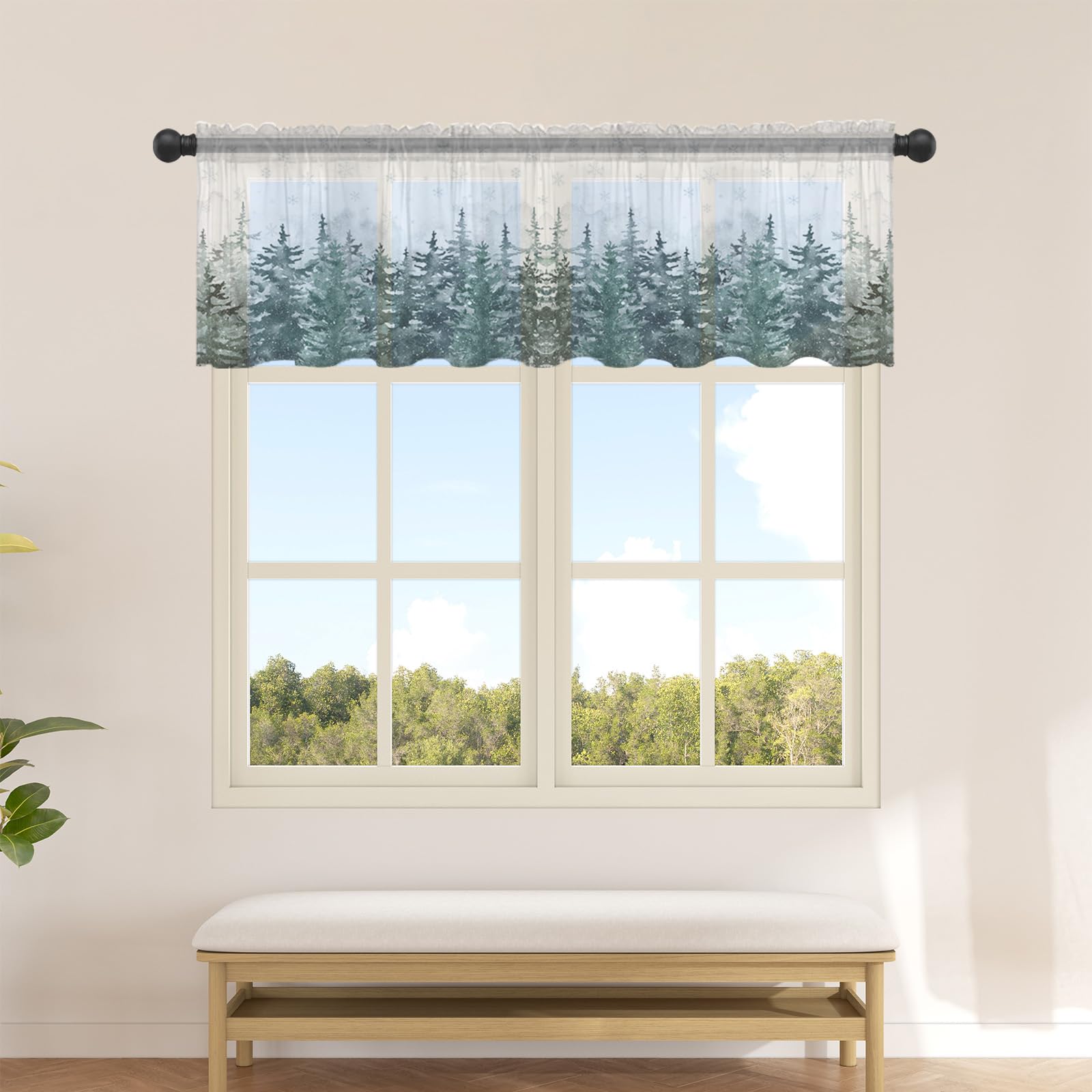Christmas Tree Forest Semi Sheer Valance Curtain for Kitchen Living Room Decor, Winter Green Trees Snowflake Sheer Curtain Rod Pocket Light Filter Valance Small Window Curtain for Bedroom Bath,54x18in