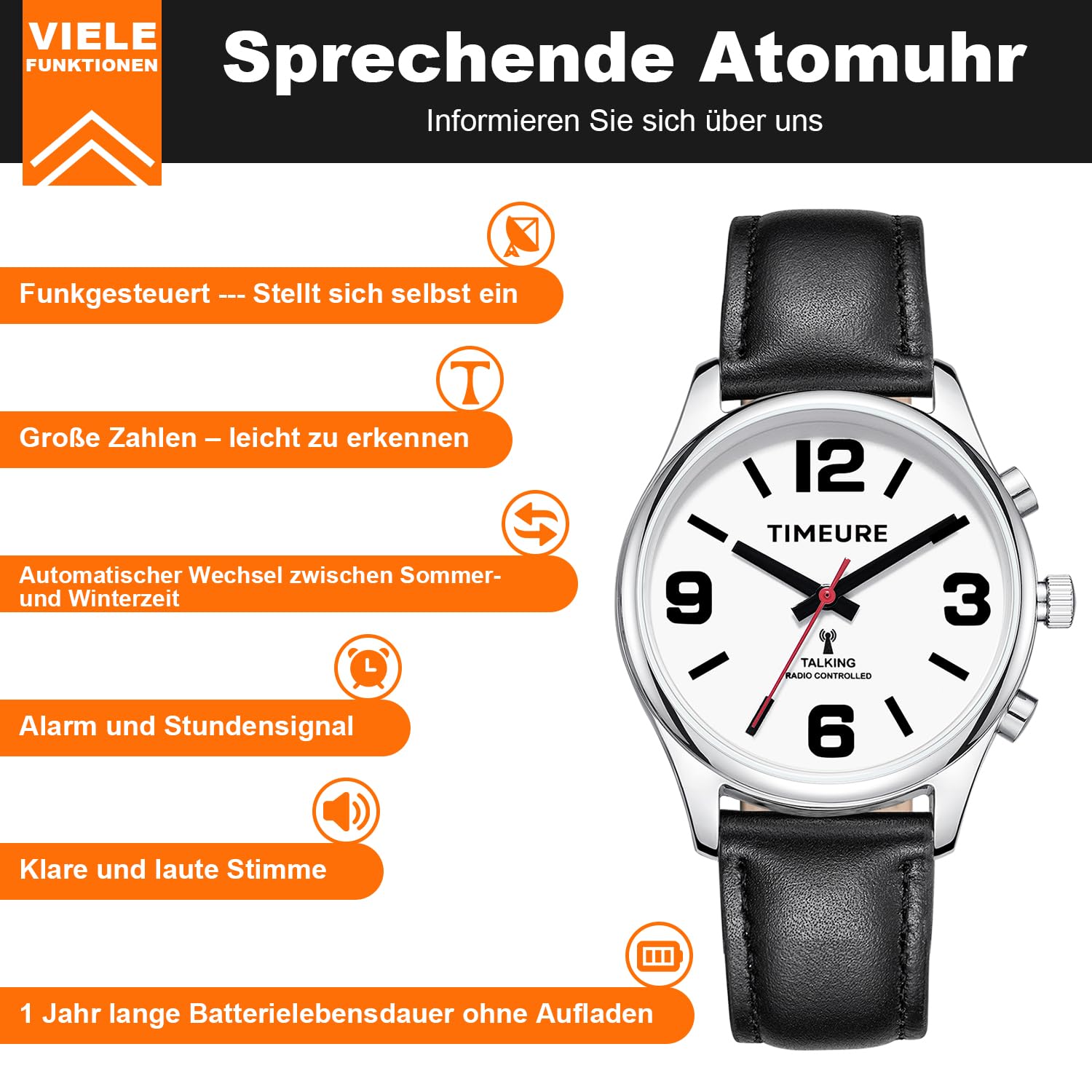 TIMEURE-2309L Sprechende Funkarmbanduhr mit Analoganzeige | Sprachansage von Uhrzeit und Datum. Automatische Zeiteinstellung. Alarm und einstellbarer Stundenschlag.