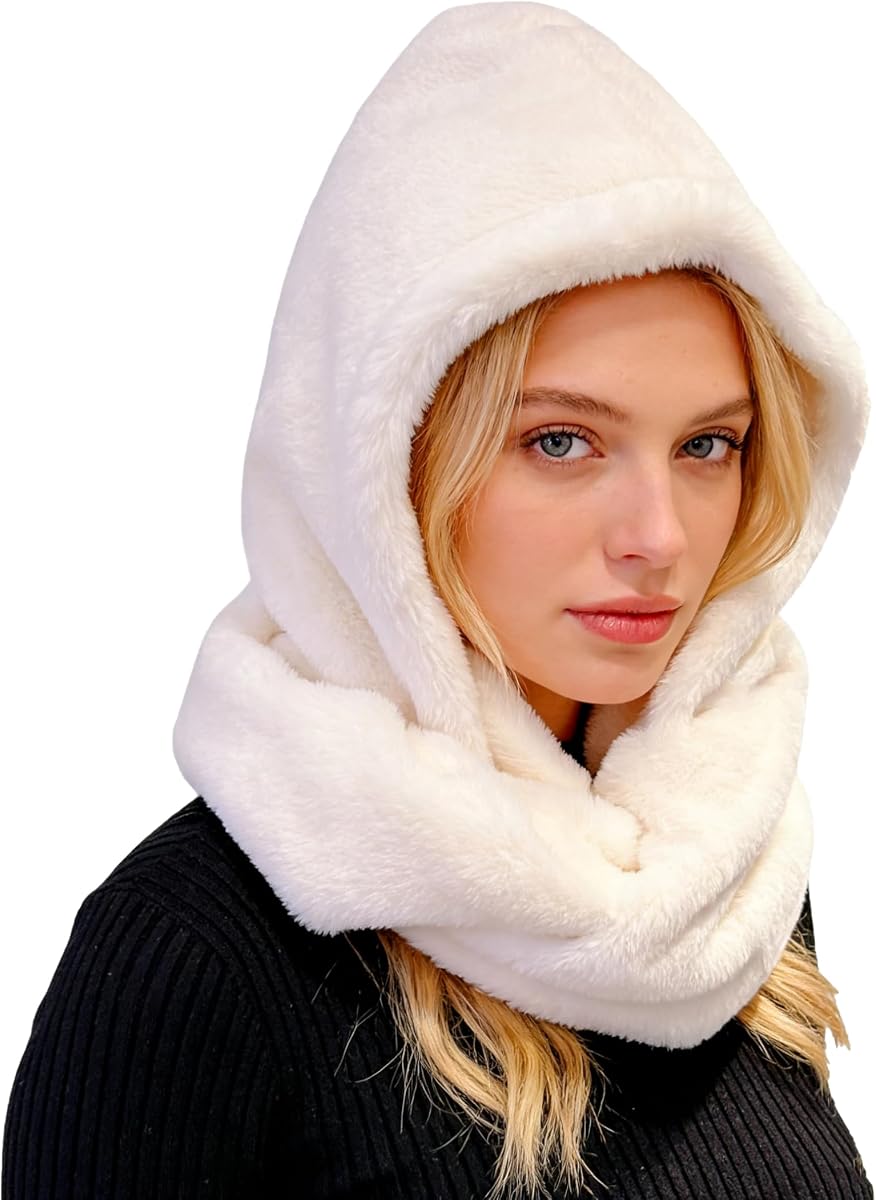 Lina & Lily Ensemble de capuche et écharpe infinie en fausse fourrure pour l'hiver - Couvre-tête et cou pour femmes