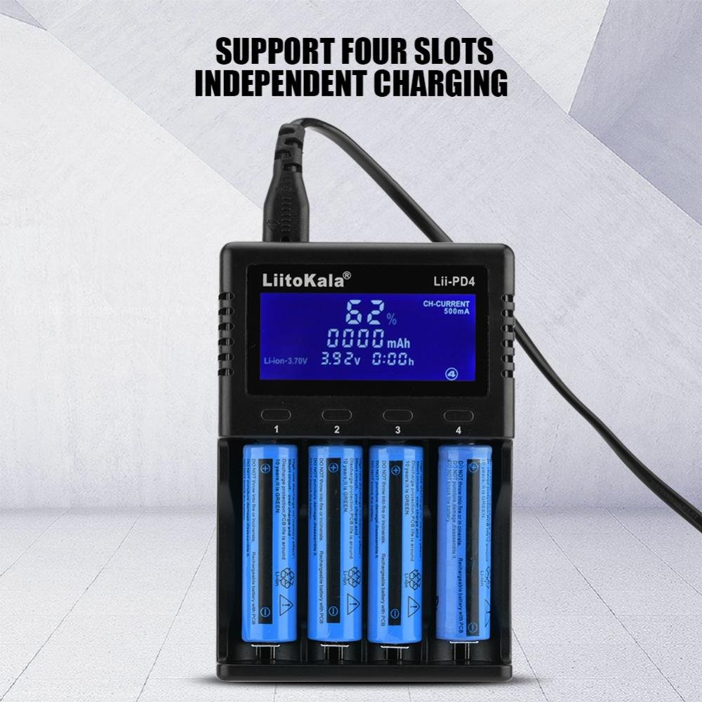 Liitokala LII-PD4 Smart LCD Charger 4 Slot Batería Inteligente Volver Batería Alimentador de Carga 110-240V (Negro) (Negro)