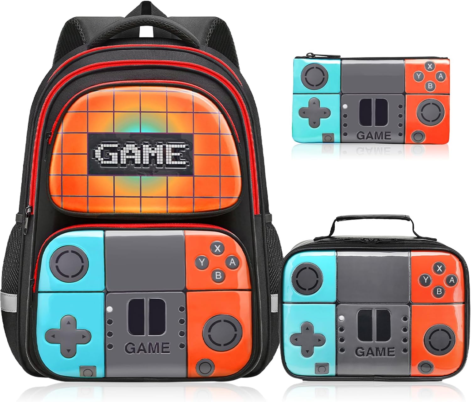 School Backpack For Boys,Gamer Kids Backpack Set with Lunch Box and Pencil Case For Elementary Middle School Student Age 6-14,17″Video Game Bookbag For Laptop