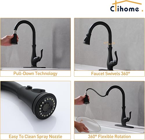 Miniatura 4 de Grifo de fregadero negro de una sola manija, grifo de fregadero de cocina con rociador extraíble, grifo de cocina RV de arco alto con placa de