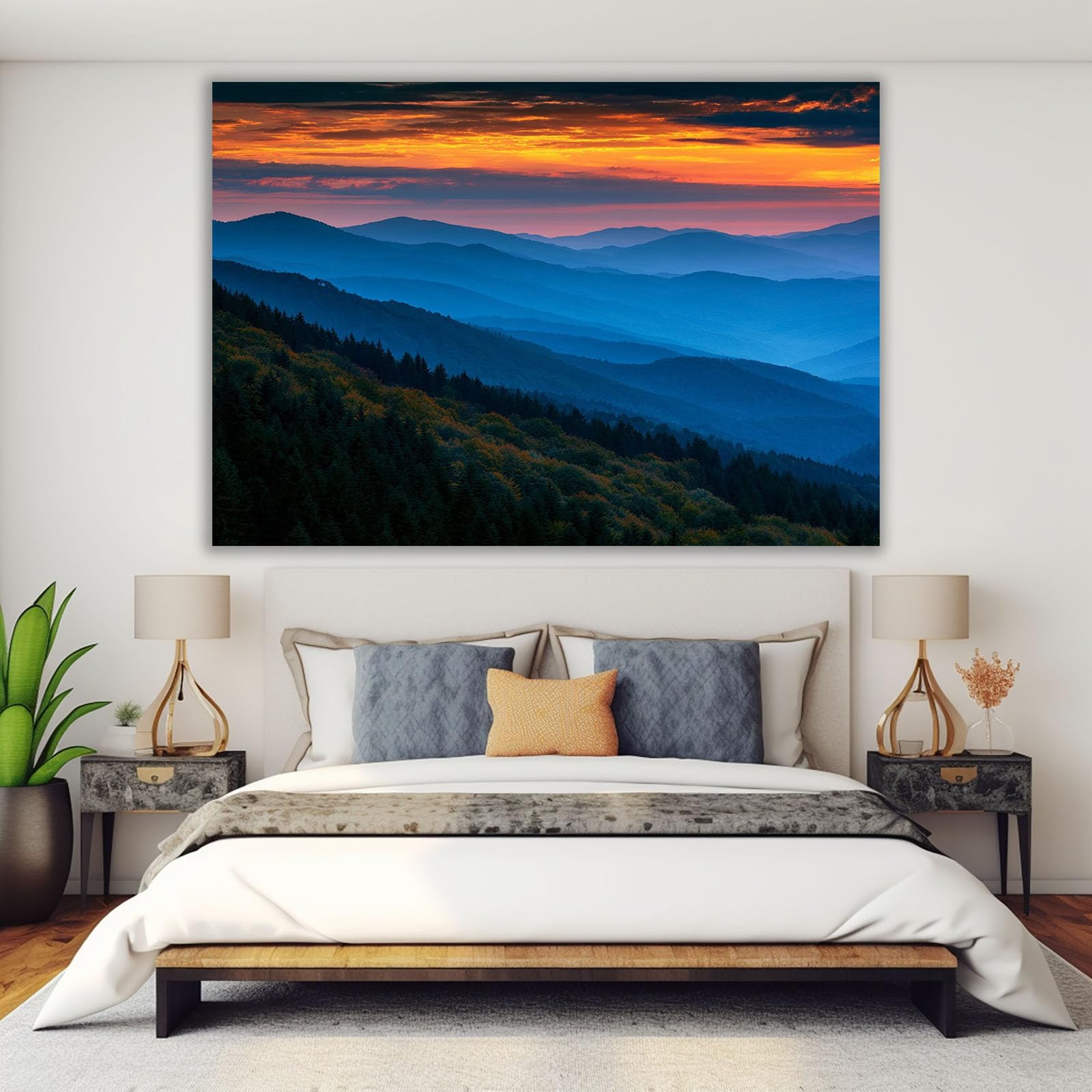 AMXBZC Abstraktes Nature Leinwand Bilder Kunstdrucke Bergnebelbaum-Landschaft Wandbild Kunstdruck -Wohnzimmer Deko Kunst- Modern für Büro Wanddeko(Orange)-50x70cm Gerahmt