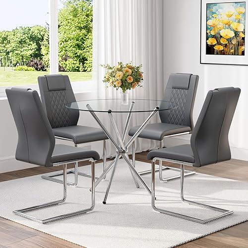 Miniatura 17 de Juego de mesa de comedor de cristal para mesa de comedor redonda de 4,36.6 pulgadas con sillas de comedor de tela, moderna mesa de comedor con patas