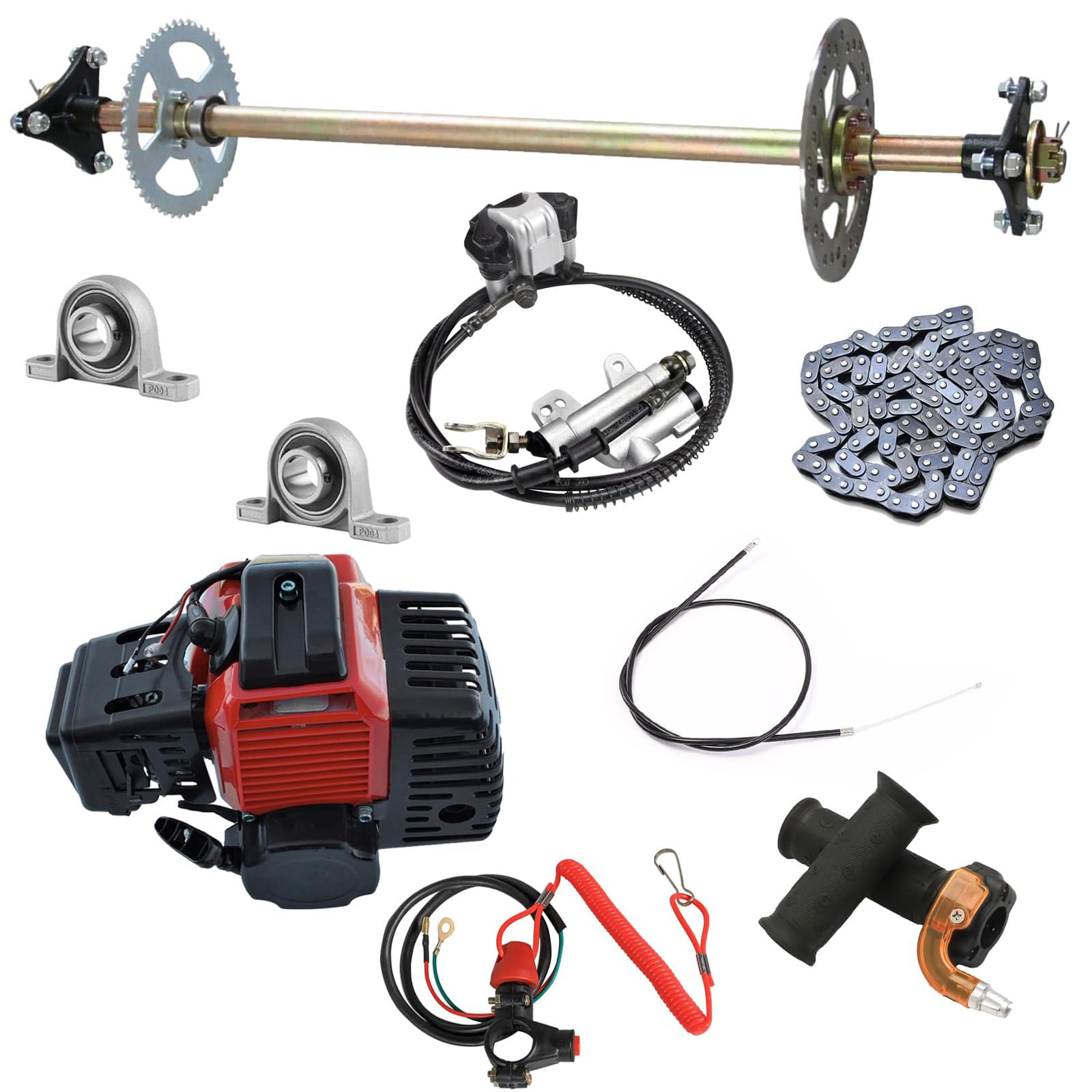 29" Gold Rear Axle Kit with 50cc 2-Stroke for Go Kart – Includes T8F Chain, Brake Disc, Master Cylinder, Pillow Blocks, Throttle Cable & Kill Switch