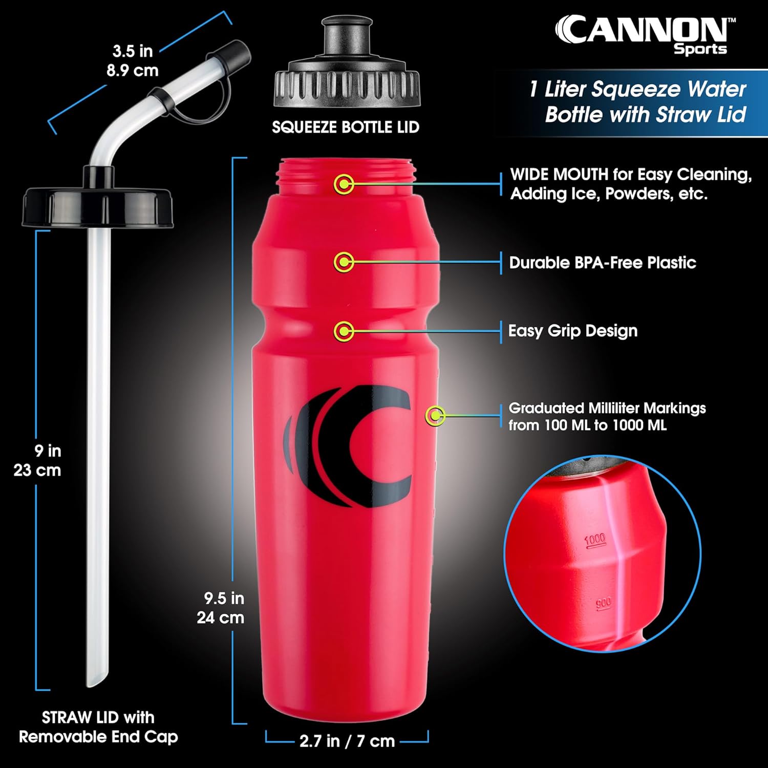 Cannon Sports 1 Liter Sports Water Bottle, BPA-Free, 34oz Capacity, Large Mouth, 2 lids (Straw & Squeeze) with Carrier, Great For Helmet Sports Such As Hockey, Lacrosse, Football, Boxing (Red)