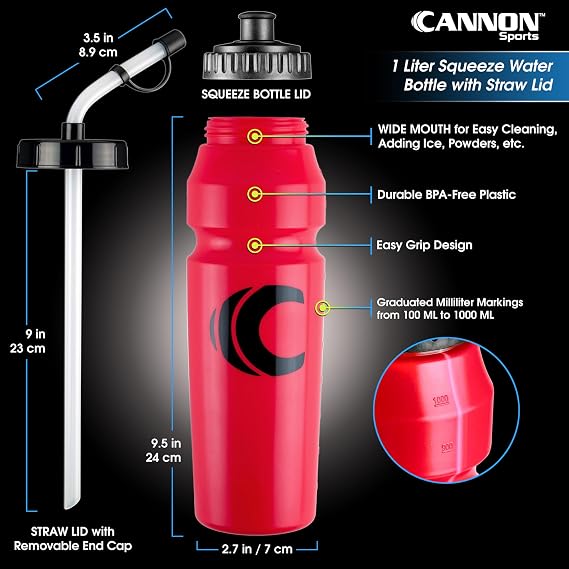 Cannon Sports 1 Liter Sports Water Bottle, BPA-Free, 34 Oz Capacity, Large Mouth, 2 lids (Straw and Squeeze), Great For Helmet Sports Such As Hockey, Lacrosse, Football, Boxing (6 Pack) (Red)
