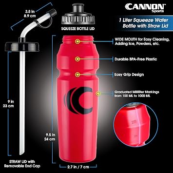 Cannon Sports 1 Liter Sports Water Bottle, BPA-Free, 34 Oz Capacity, Large Mouth, 2 lids (Straw and Squeeze), Great For Helmet Sports Such As Hockey, Lacrosse, Football, Boxing (6 Pack) (Red)