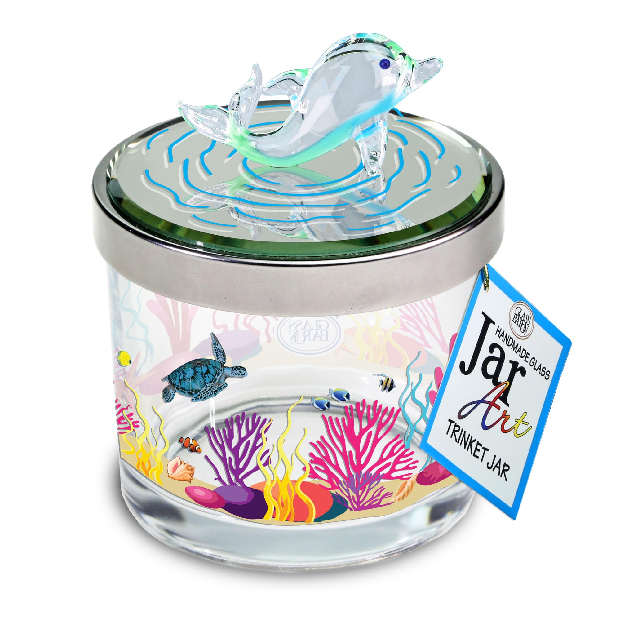 Bocal en verre Dolphin Ocean Life avec figurine sculptée et décors peints