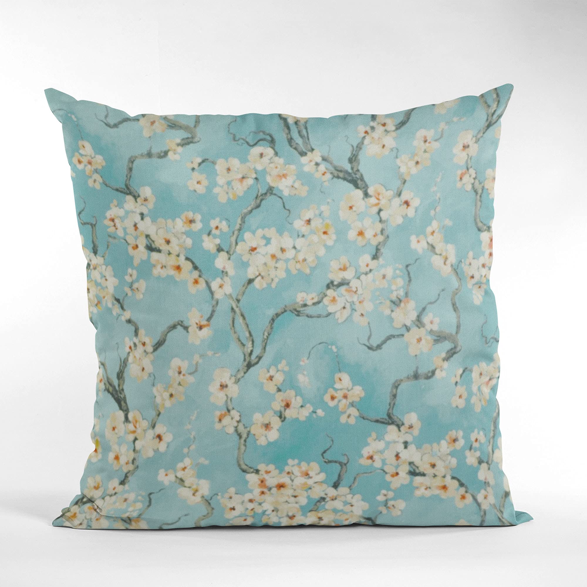 Plutus Brands Plutus Azure Garden Cherry Blossoms Printed On A Linen Looking Polyester. Luxury Throw Pillow x 20in, Double Sided 20" x 20", Blue
