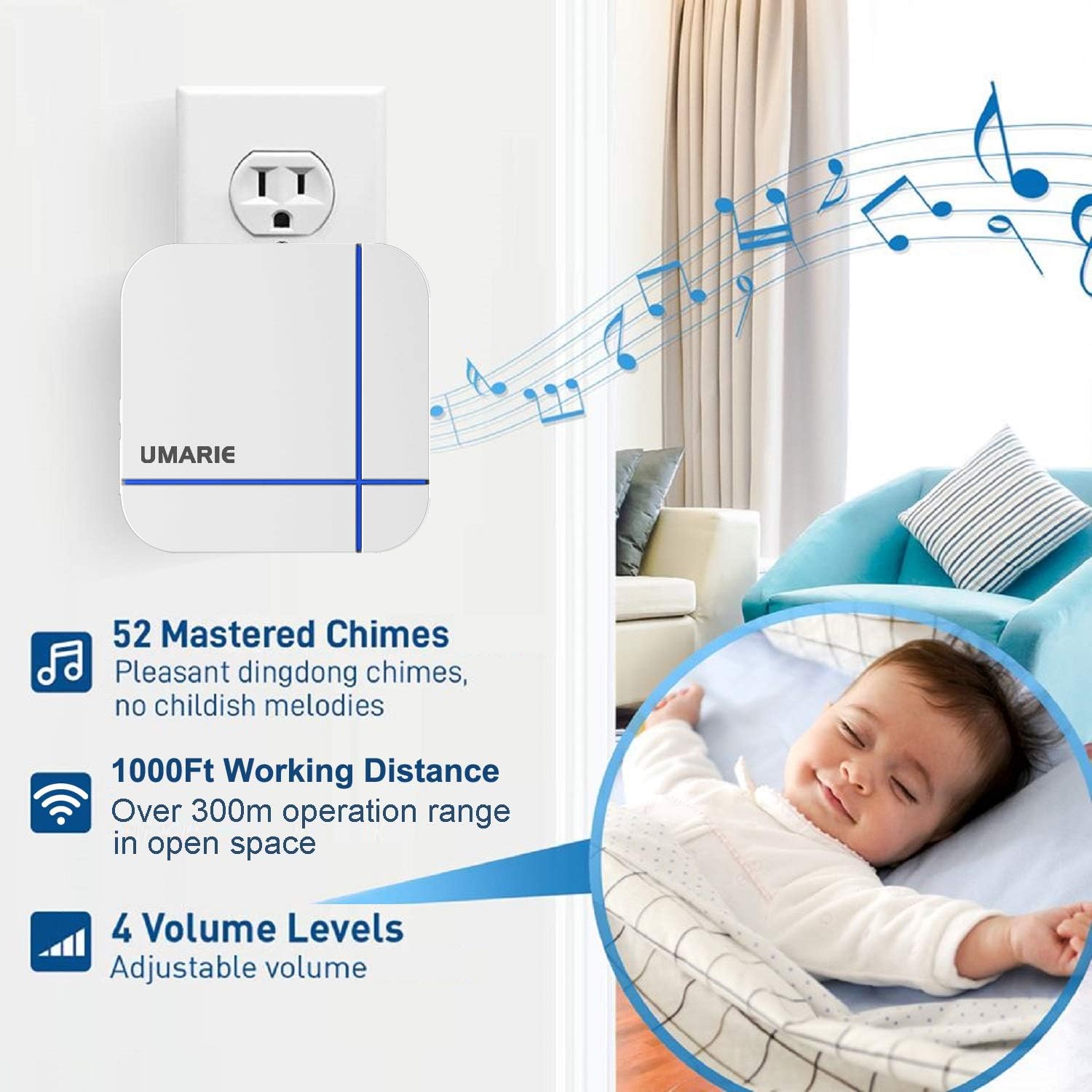 Wireless Doorbell White, Plug in Waterproof Doorbell Kit, Best Cordless Door Chime with 1000 feet/300m Range, 58 Chimes, IP55 Waterproof Button, 5-Level Volume & Blue LED Light-Umarie - - 