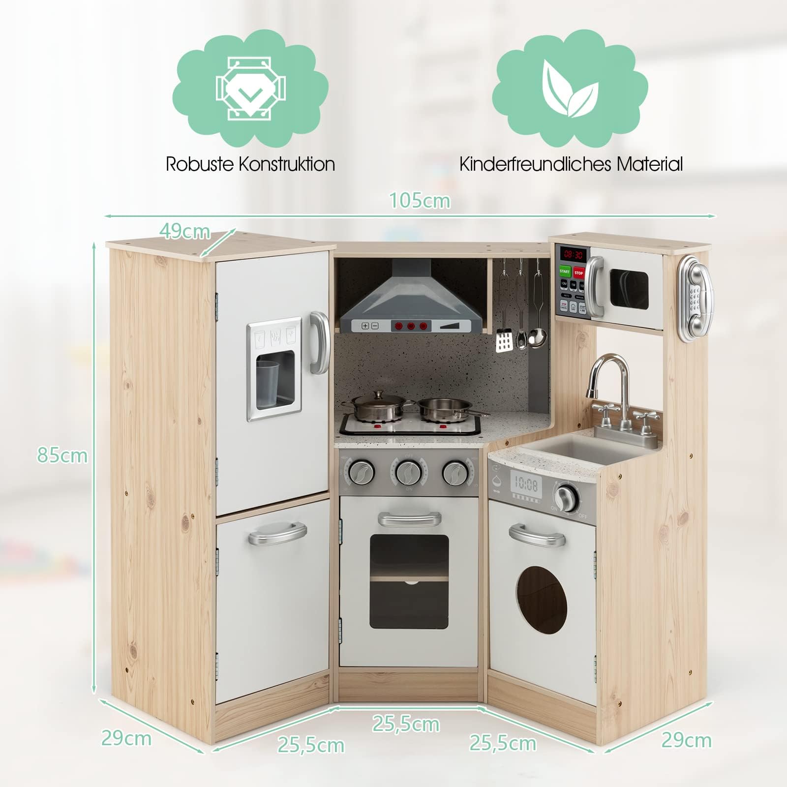 FANTASK Kinderküche mit zubehör, Spielküche Holz mit Licht & Sound, Eckküche Kinder inkl. Spüle Ofen Mikrowelle Kochherd, Spielzeugküche für Kinder ab 3 Jahren, Modell 1