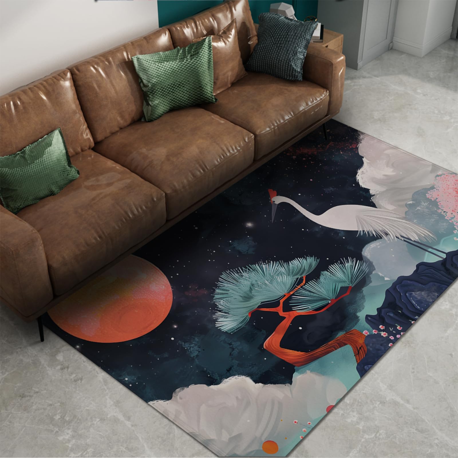 Dywaniki z fantazyjną sceną akwarela gwiaździste niebo księżyc żuraw wzór estetyczny dywan z antypoślizgowym wzorem do salonu sypialni biura 160 x 230 cm