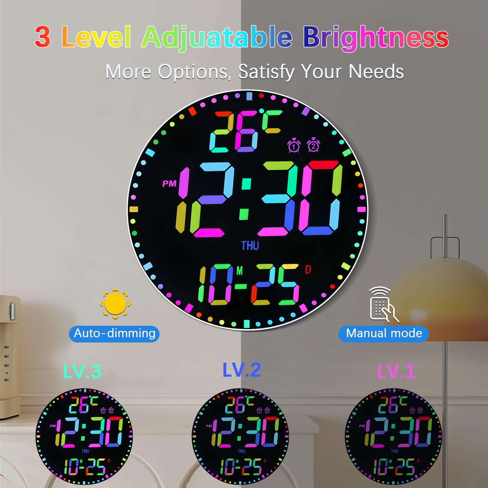 30,5 cm große digitale Wanduhr mit Fernbedienung, 12 RGB-Farben, automatisches Dimmen, Dual-Alarm, Temperaturdatum, Sommerzeit, LED-Wanduhr für Wohnzimmer, Büro, Fitnessstudio, Klassenzimmer