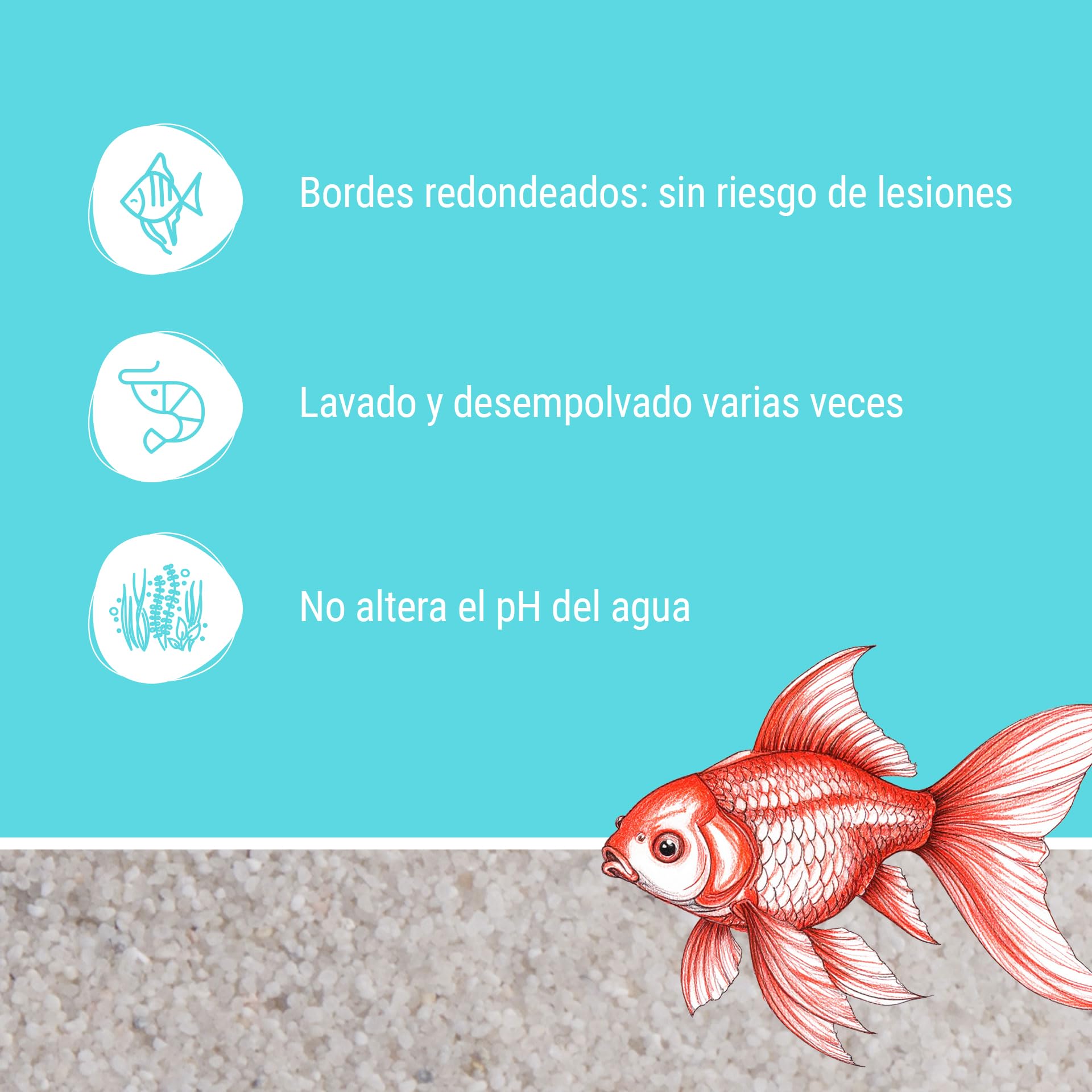 Schicker Mineral arena blanca para acuario 25kg, granulometría 0,4–0,8mm, pH neutro y sin colorantes, bordes redondeados, lavada y tratada a alta temperatura, apta agua dulce y salada, origen Alemania