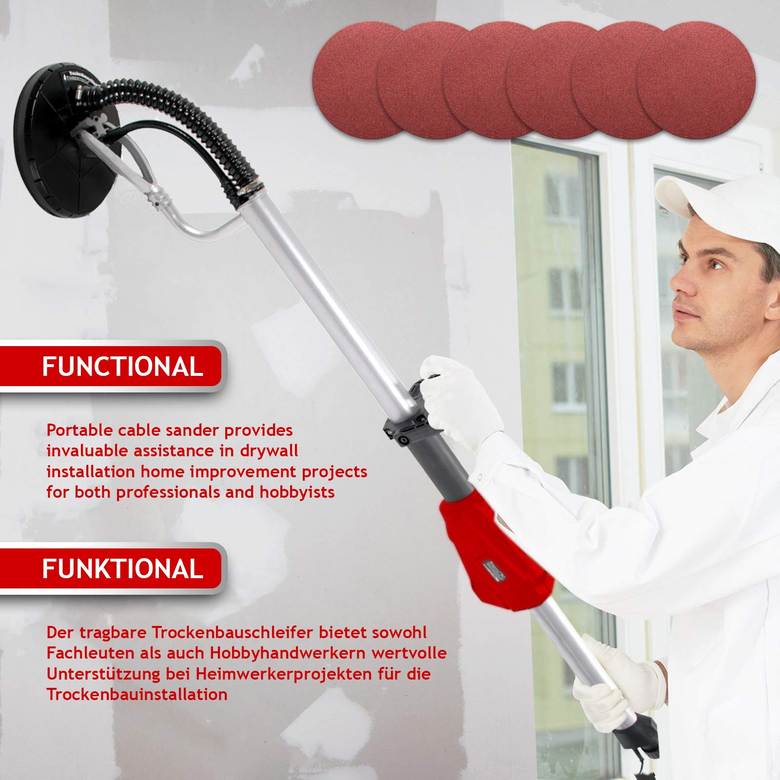 TIMBERTECH® Ponceuse Girafe - 710 W, 6 Disques de Ponçage Ø 220 mm, 1000-2100 tr/min, Noir/Rouge - Ponceuse à Bras, Cloison Sèche, pour Plafond, Mur (Rouge)