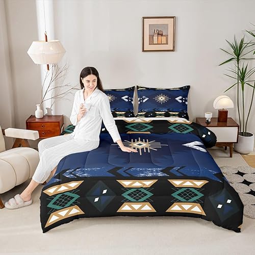 Miniatura 2 de Southwestern - Juego de ropa de cama tamaño matrimonial, diseño geométrico bohemio, étnico, tribal, flecha, relleno de edredón occidental,