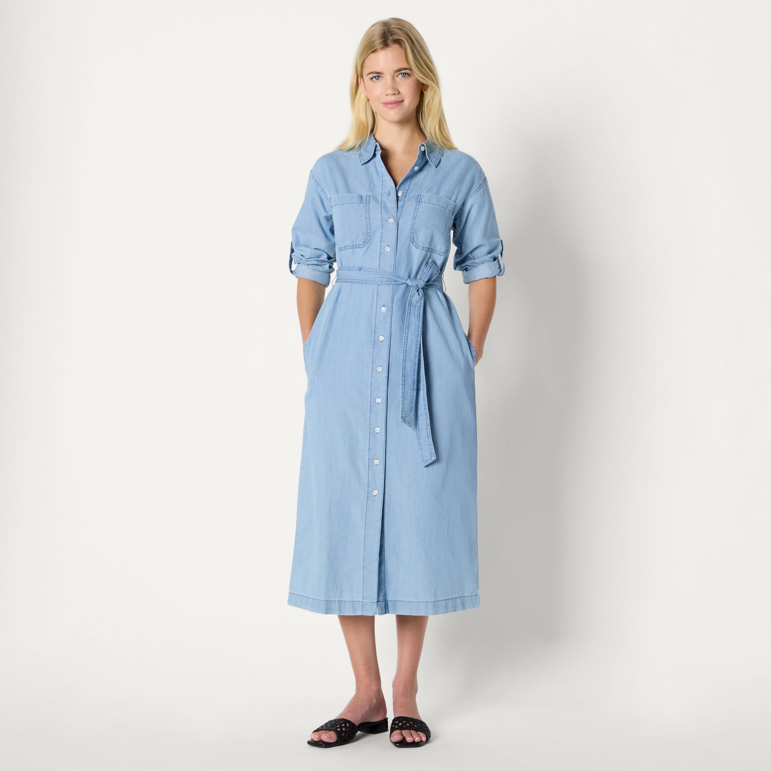Amazon Essentials Vestido de Manga Larga de Cambray Vaquero de Corte Recto Mujer