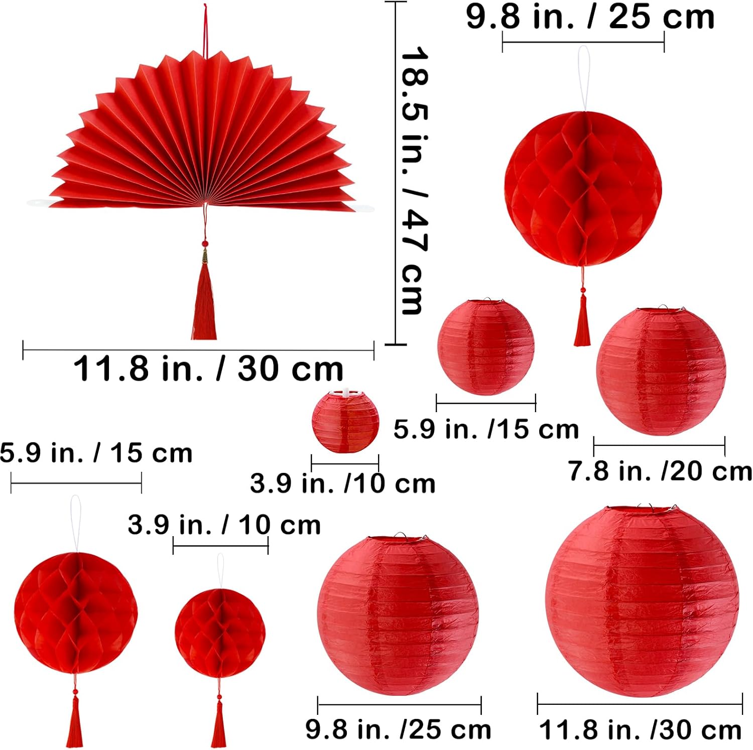 Winlyn 22 Pcs Chinese Lunar New Year Party Decorations Oriental Hanging Fans Red Gold Round Paper Lanterns Honeycomb Balls for Asian Chinese Vietnamese Tet The Year of Horse Home Wedding 2026 Decor