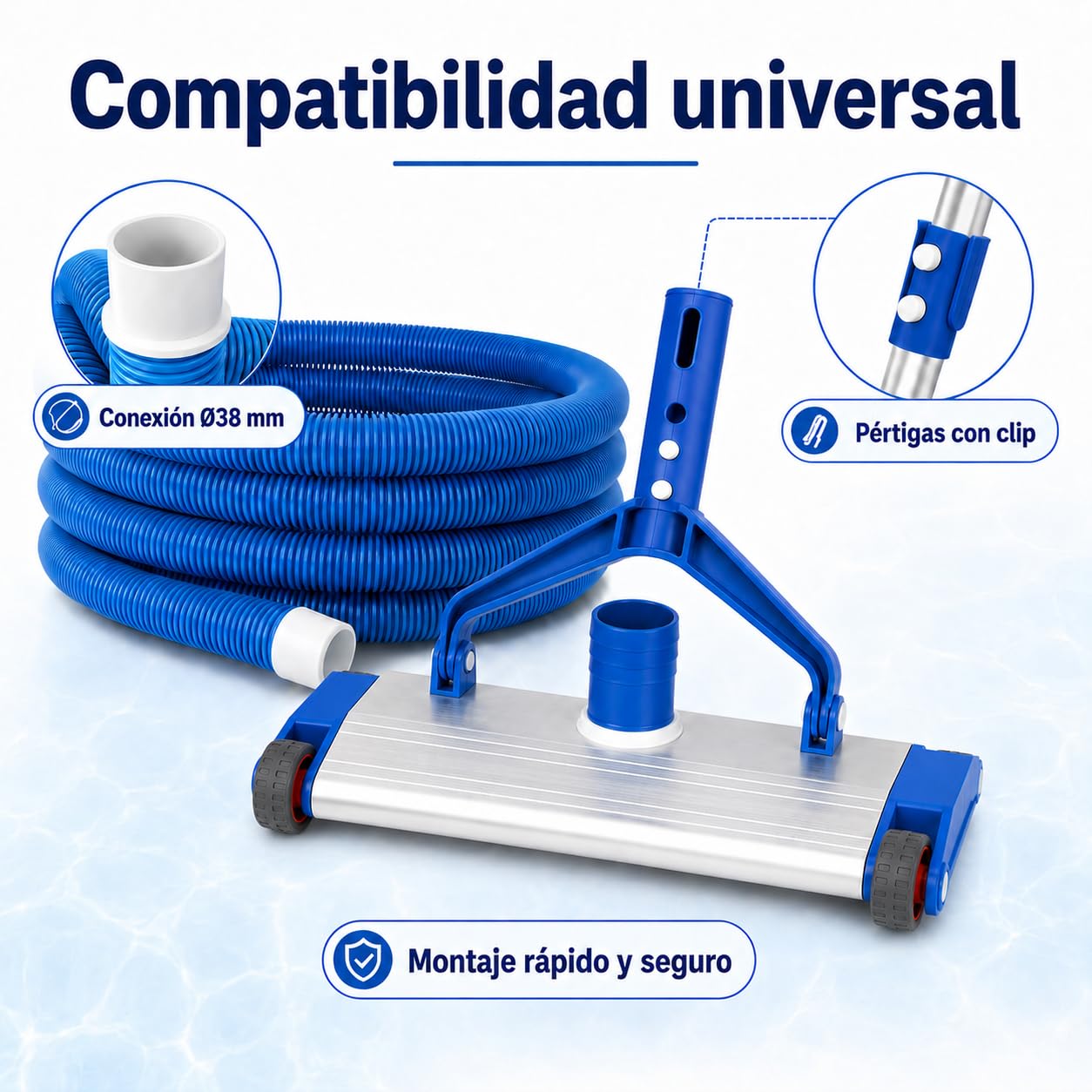 SIQUA Kit Limpieza Piscina Premium, Limpiafondos Aluminio con Cepillos Laterales, Manguera Autoflotante 8 m Ø38 mm, Aspirador Manual Fondo Piscinas, Alta Resistencia UV