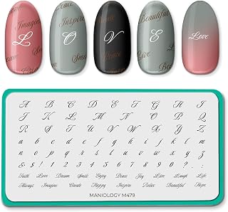 Maniology Cursive Font Nail Stamping Plate, Fancy Inspirational Words Stamp Plates, Elegant Handwritten Script Manicure Designs, Positive Message, Letters and Numbers, Scribbles DIY Patterns