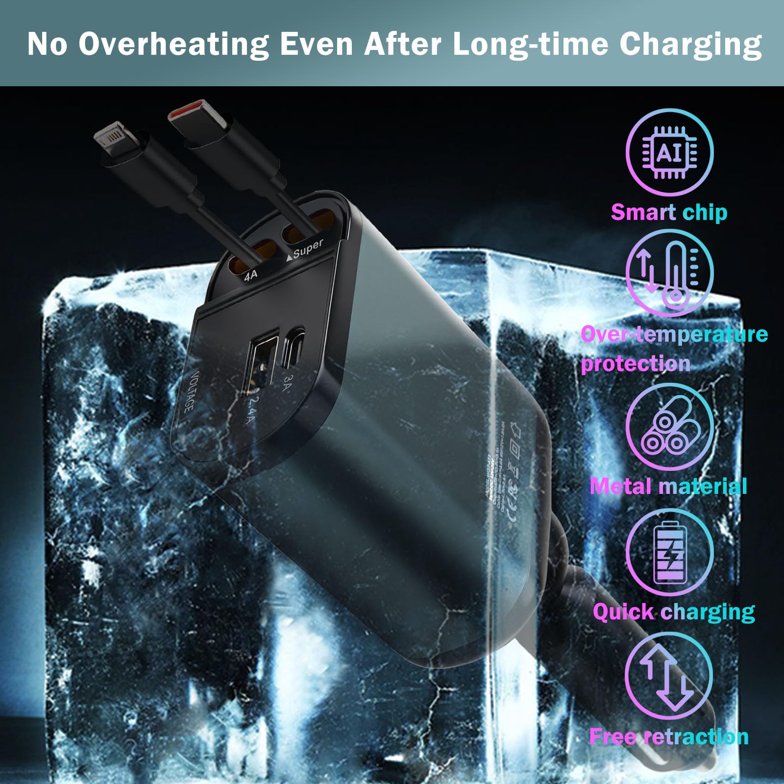Caricatore Auto USB C 120W Retrattile PD 3.0 con 4 Porte – Caricabatterie Auto per i-Phone 16/15 Pro Max, Galaxy S25, i-Pad, Accessori Auto e Viaggio, Caricamento Rapido e Sicuro, Accendisigari 12V