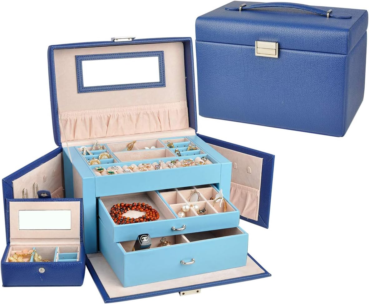 NirongLavie NIRONG LAVIE Women's Jewelry Box, Girls Jewelry Organizer with Mini Jewellery Case, Lockable Jewelry Travel Case with Mirror, Faux Leather Vintage Gift Box, Medium Size (Blue)