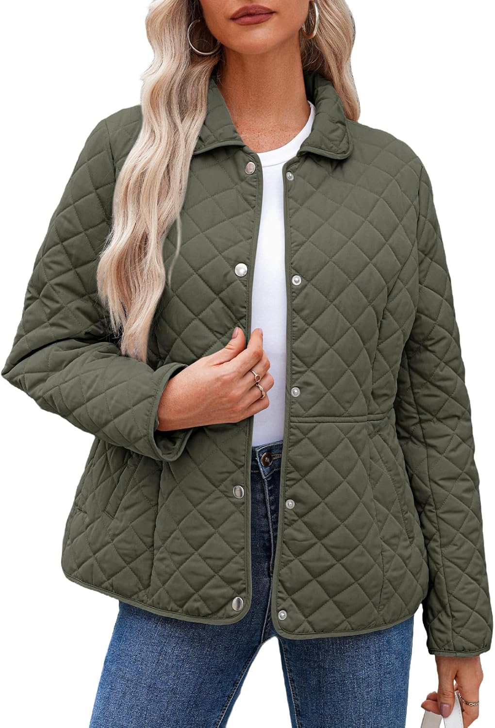 Dokotoo Women’s Winter Quilted Jackets Long Sleeve Button Down Diamond Puffer Jacket Outerwear Coats with Pockets