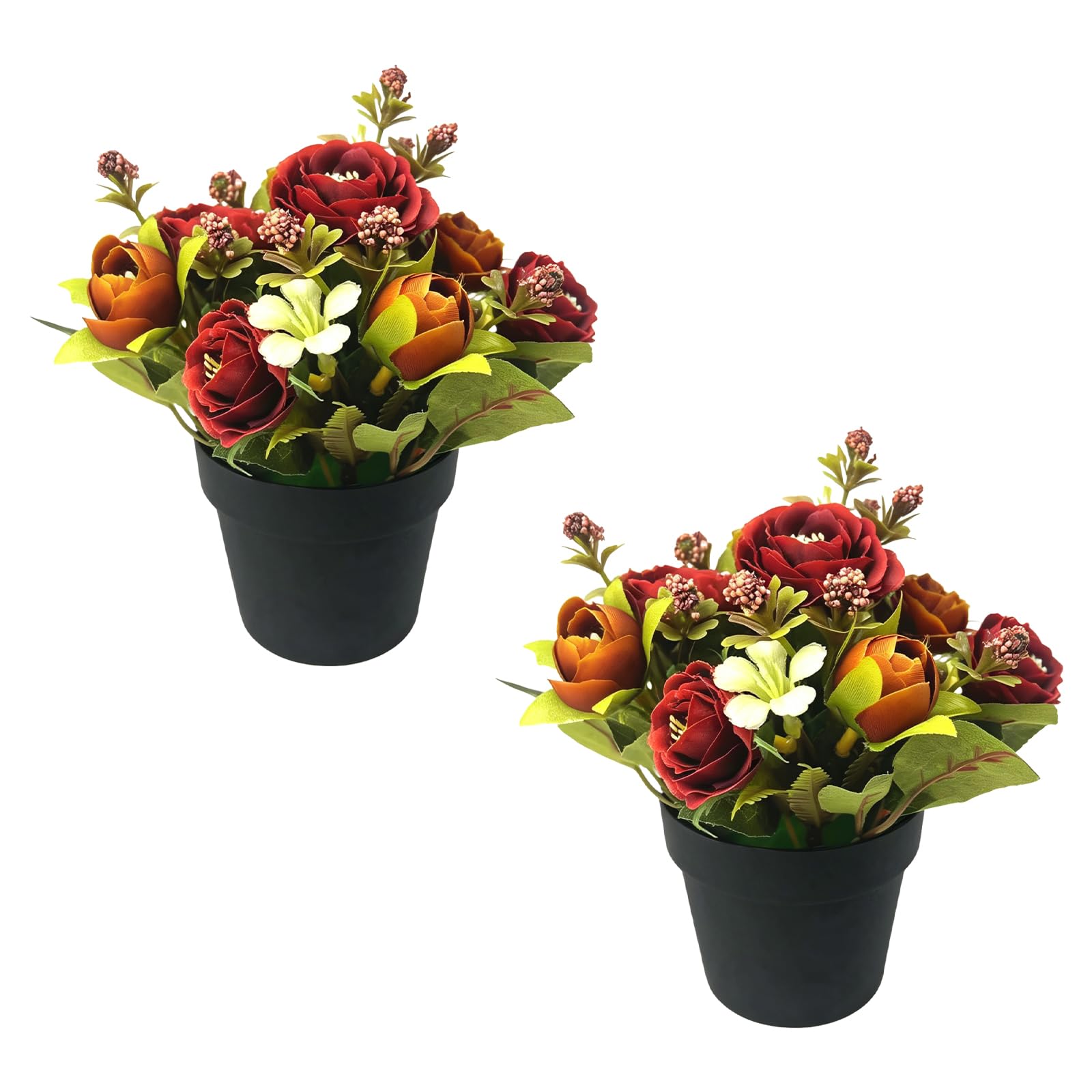 Szzhantuo Black 2 Pcs Grave Flower Pots, Realistic Artificial Silk Flowers For Graves, Faux Funeral Memorial Floral Arrangement With Pot For Outdoor Cemetery Decorations