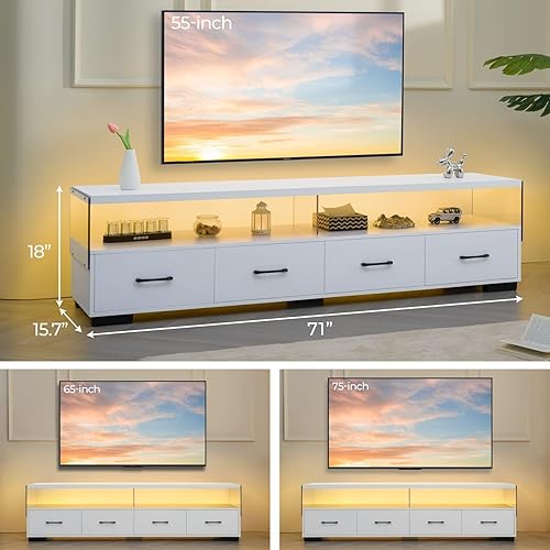 Miniatura 2 de Moderno soporte de TV de 75 pulgadas para sala de estar, centro de entretenimiento blanco con 4 cajones grandes y estantes de almacenamiento,