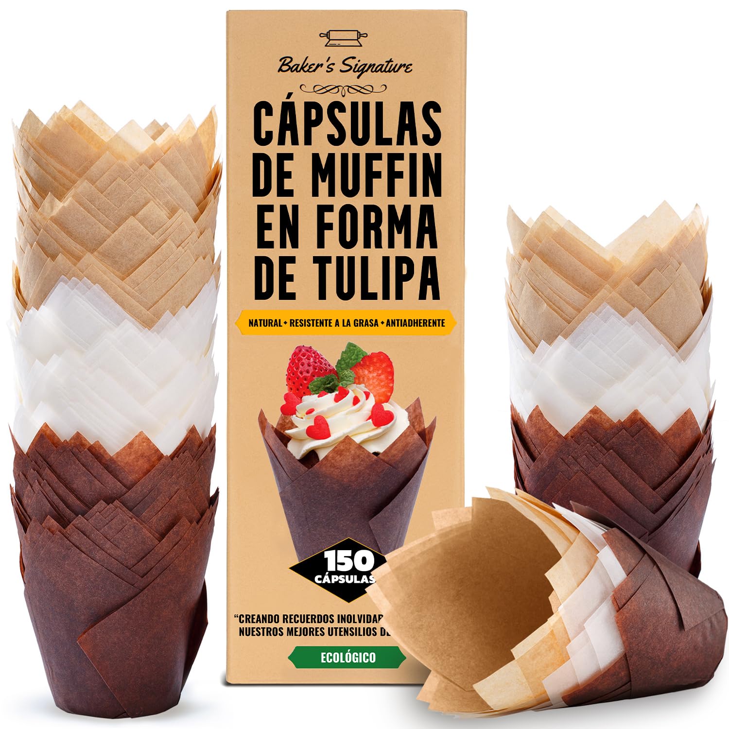 Moldes magdalenas tulipán de papel, moldes desechables para muffins y cupcakes tricolor