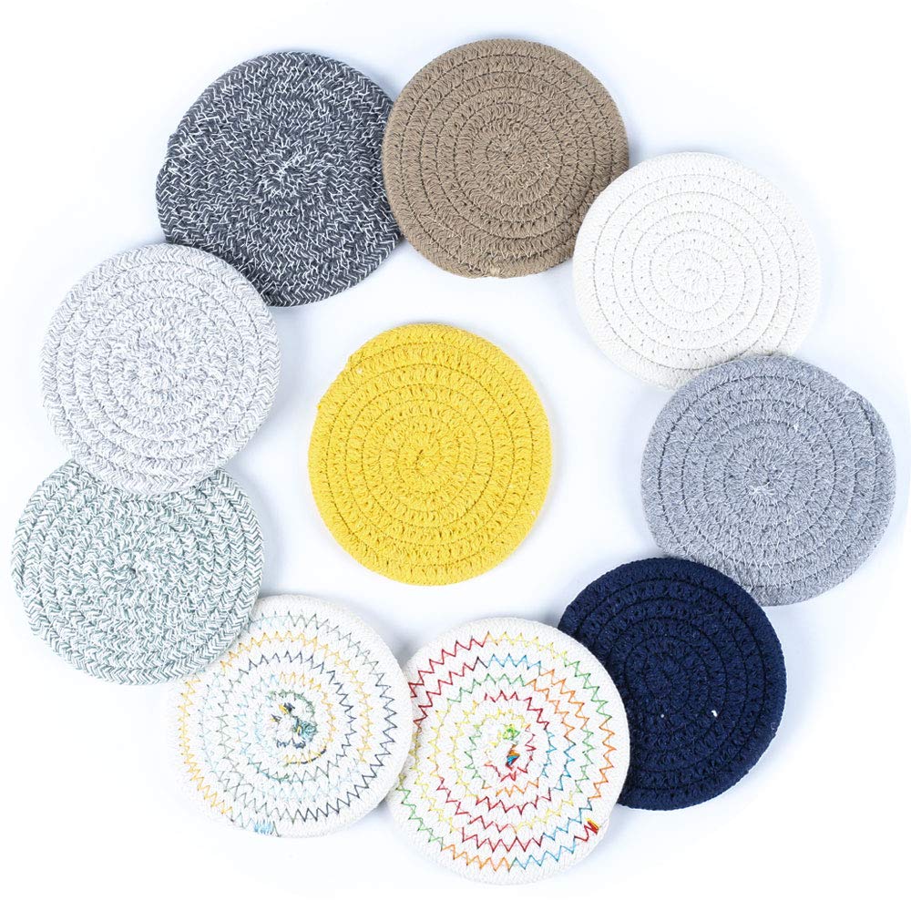 MIZOMOR 10Pcs Braided Coasters for Drinks Braided Cup Coasters Cotton Absorbent Round Woven Coasters Hot Pads Mats for Kitchen Home Restaurant Bar Hotel Dark Color
