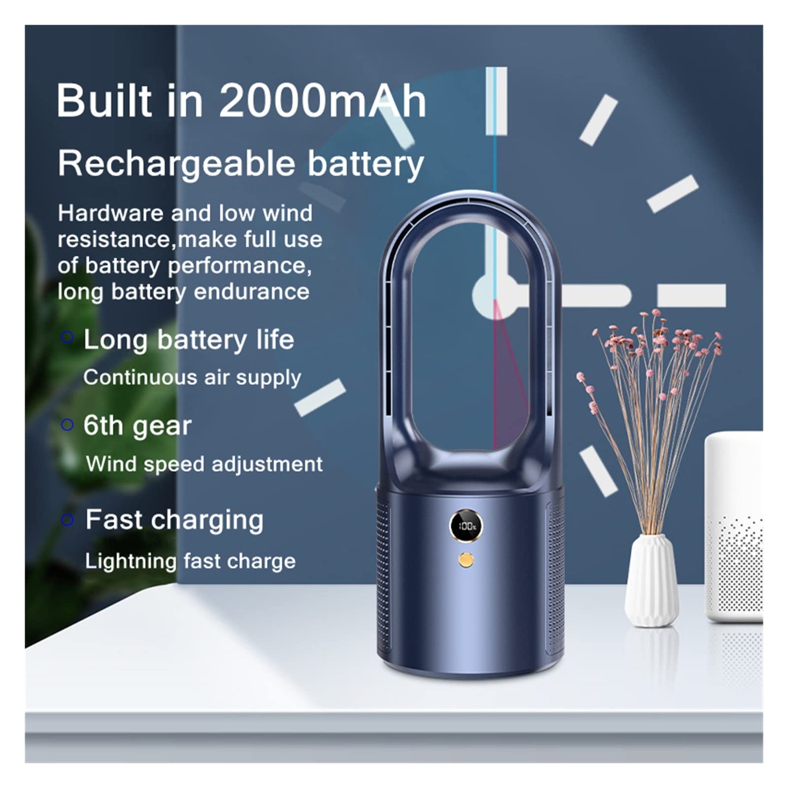 BezłOpatkowy Wentylator Biurkowy Użytku domowego Elektryczny bezłopatkowy wentylator stołowy Chłodnica USB Ładowanie Przenośny bezprzewodowy mini wentylator Ultra cicha lampka nocna LED(White)