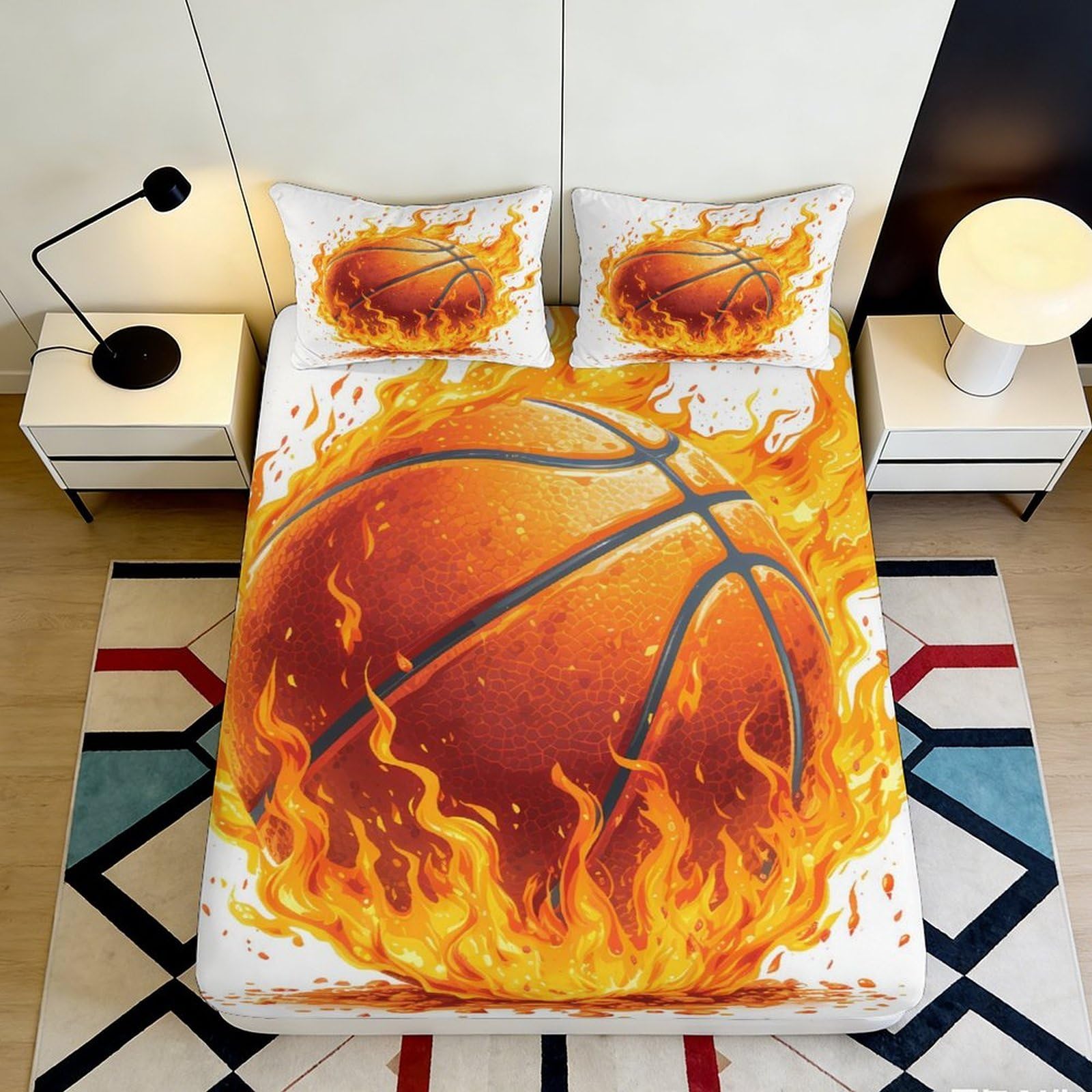 3D Printed Flaming Basketball Fitted Sheet Microfiber Soft Bed Cover for Bedroom Dorm Mattress Protection Decor 90x200x25cm
