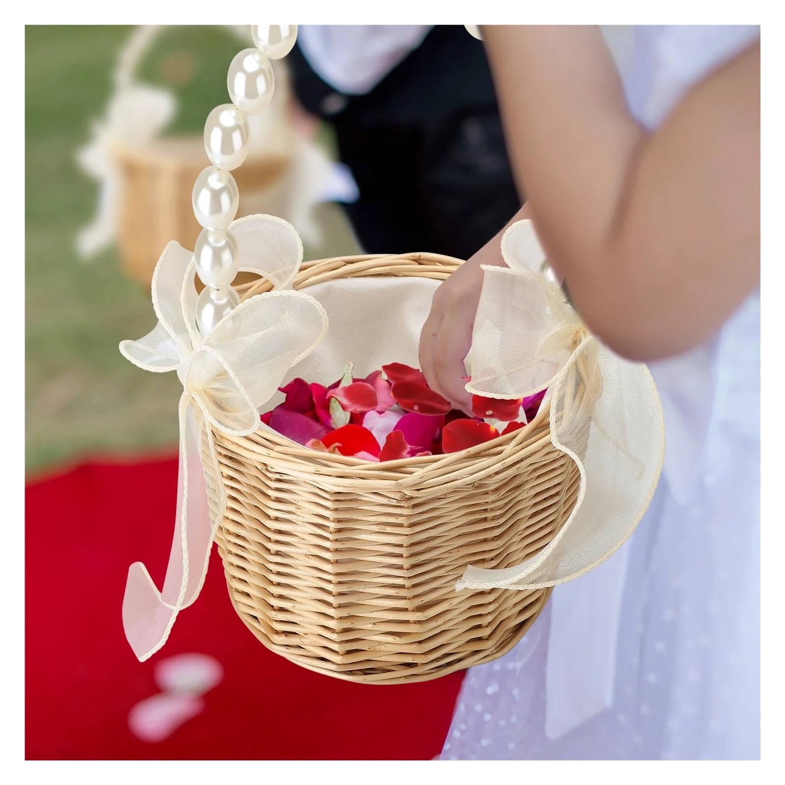 Konfetti-Korb für die Hochzeit, Blumen-Rattan-Korb for Hochzeit, Brautjungfer, braune Aufbewahrungsbox mit weißem Netz(L)