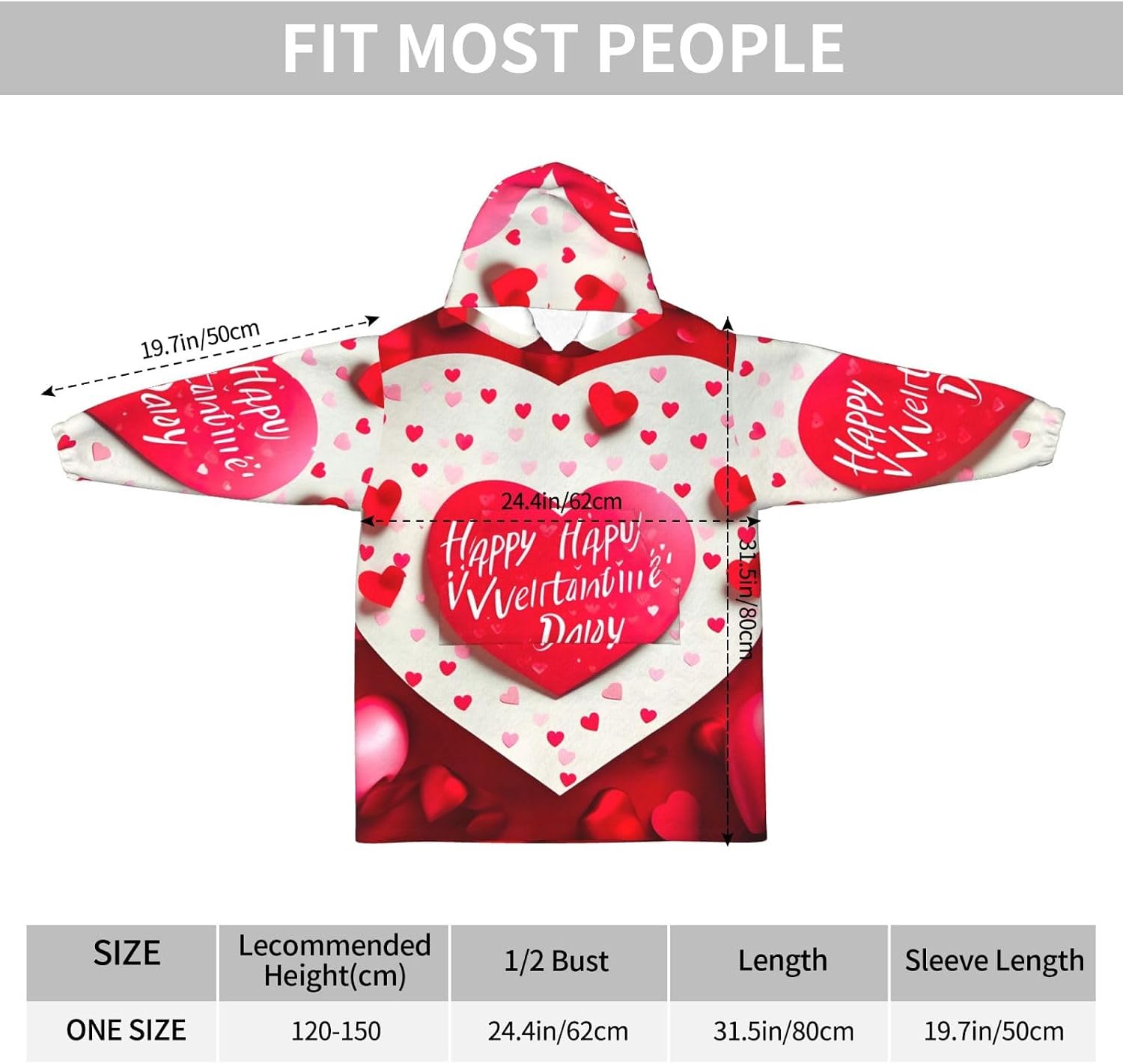 Happy Valentine'S Day Print Oversized Blanket Hoodie, Wearable Blanket Hooded,Hooded Pullover With Pocket