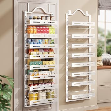 8-Tier Pantry Door Organizer, Large 2 IN 1 Wall Mount or Over The Door Pantry Organizer, Pantry Door Spice Rack with Adjustable Baskets, Over Door Organizer for Kitchen,72.617.15.1in, White