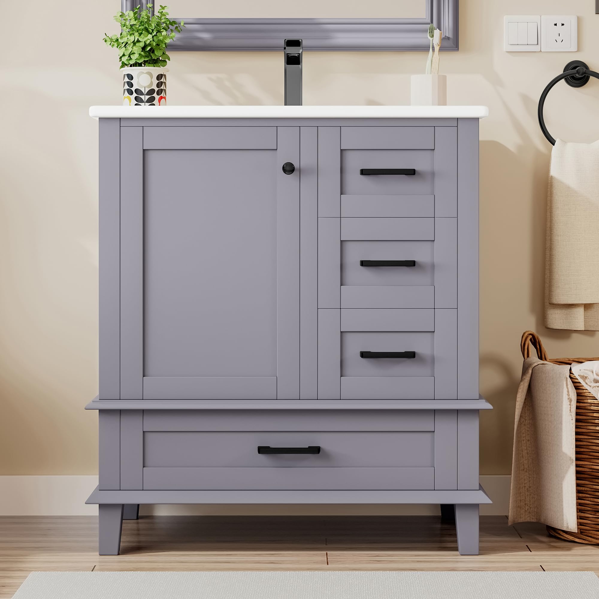 76 x 46 x 83,5 cm. Mueble de baño de pie con lavabo, lacado completamente, estantería para puerta, tres cajones silenciosos, lavabo de cerámica integrado, gris