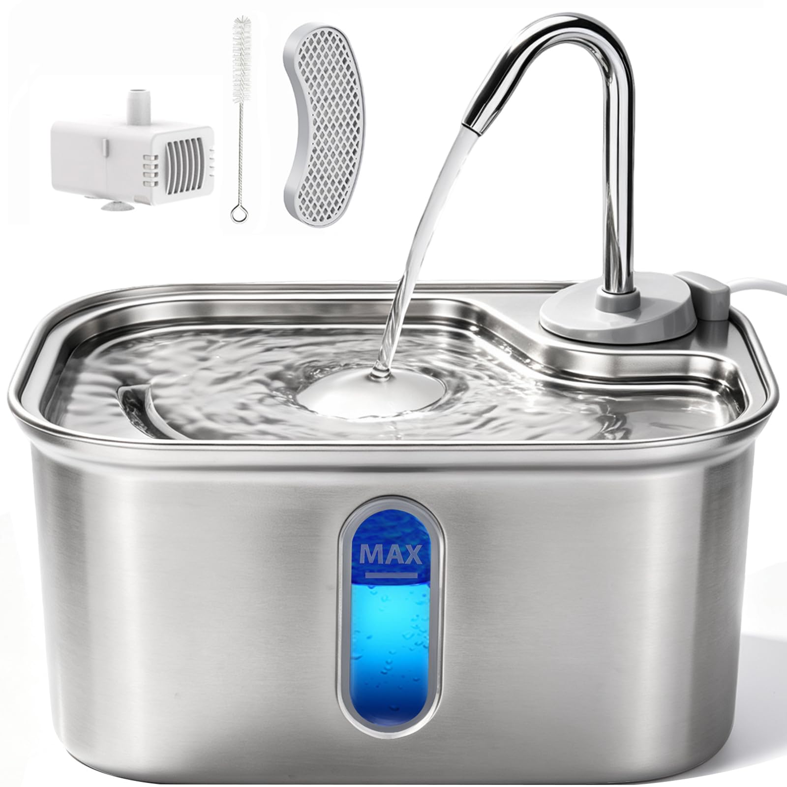 Cat Water Fountain Stainless Steel for Cats Indoor 2.5L 85oz by BPA-Free SUS304, Effective 6-Layer Filter Cat Fountain for Drinking 15dB Ultra Quiet Metal Pet Water Fountain (Fountain+1 Filter)