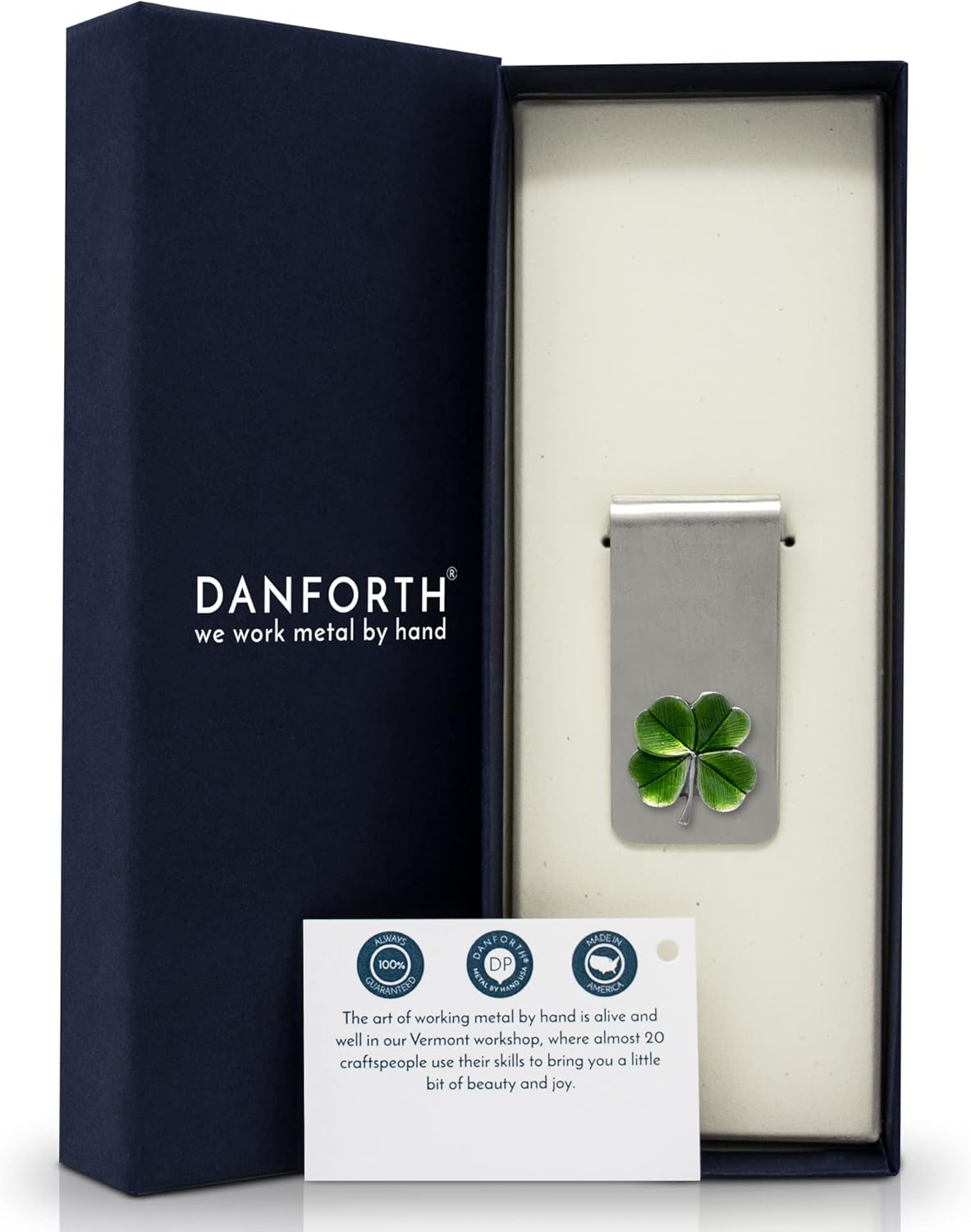 DANFORTH Pewter Four Leaf Clover Money Clip | Handcrafted 2 Inch Shamrock Design | St Patricks Day Gifts | Metal Cash Clip Men | USA Made Money Clip Wallet Accessory for Pocket