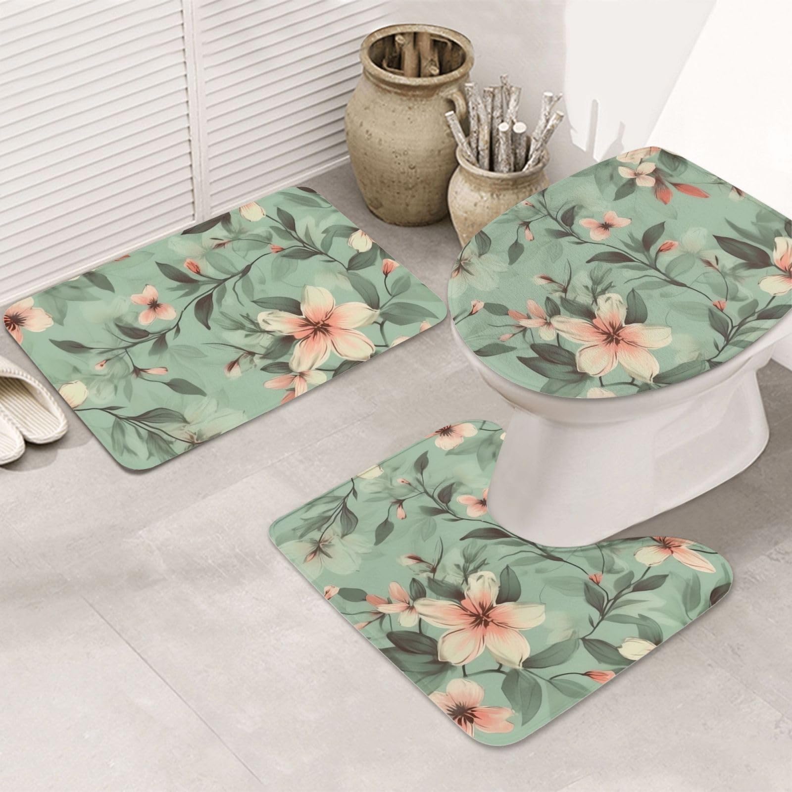 Tapis de salle de bain en microfibre pour sortie de douche sécurisée avec motif floral en U