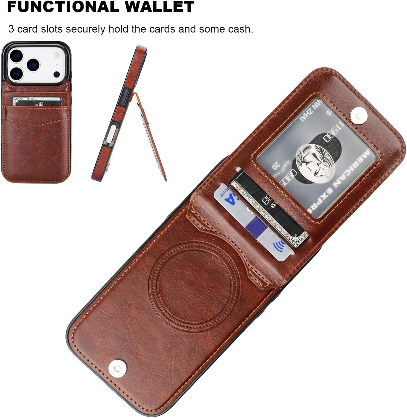 KIHUWEY for iPhone 17 Pro Case Wallet Compatible with MagSafe Wireless Charging, Credit Card Holder, RFID Flip Leather Magnetic Clasp Kickstand Heavy Duty Protective Cover 6.3 Inch (Brown)