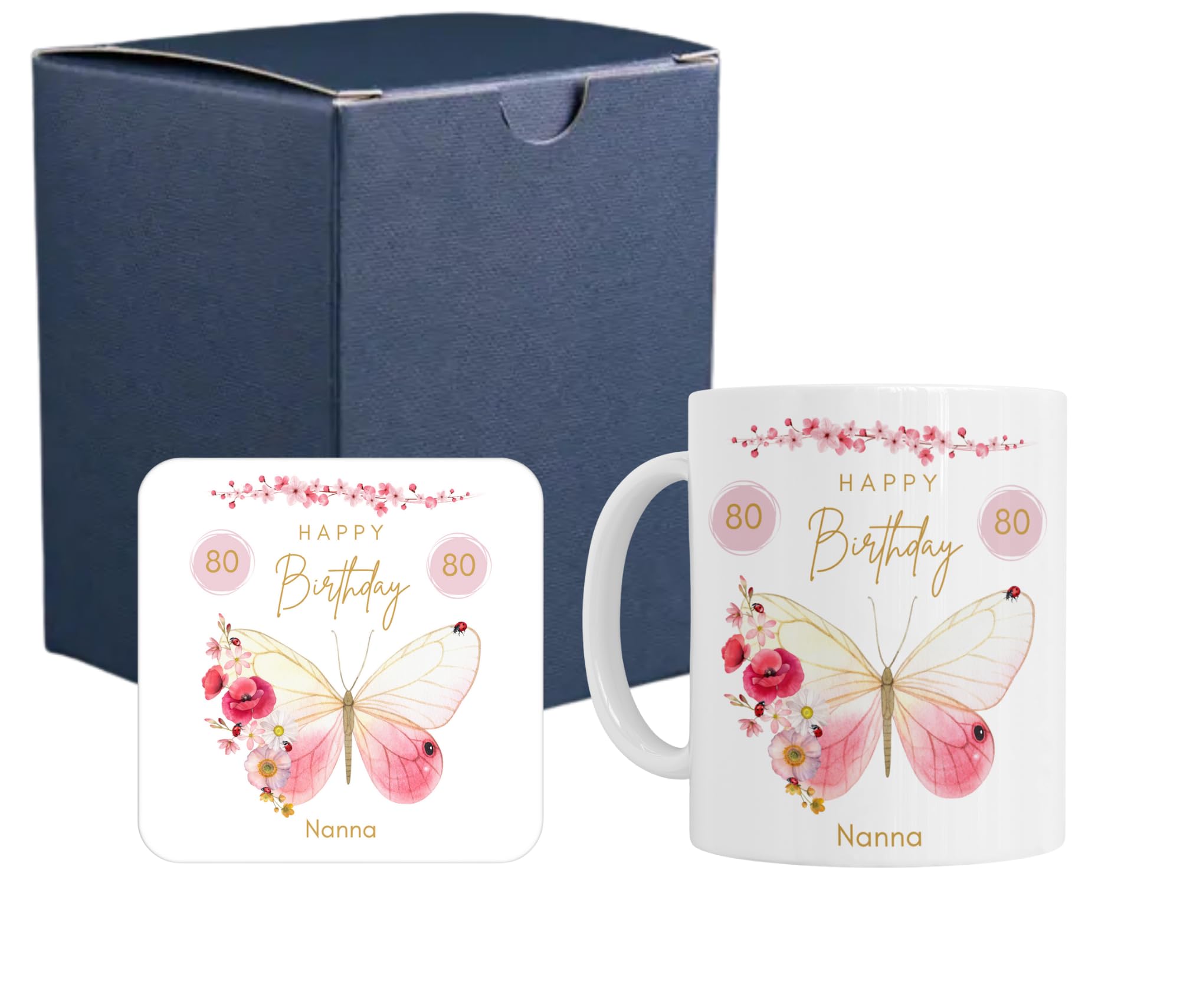 Personalised Birthday Butterfly Ceramic Mug and Coaster Gift Set for Her Women, Dishwasher Safe, Customisable for 40th 50th 60th 70th 80th, Gift Box Available (Cardboard Gift Box)