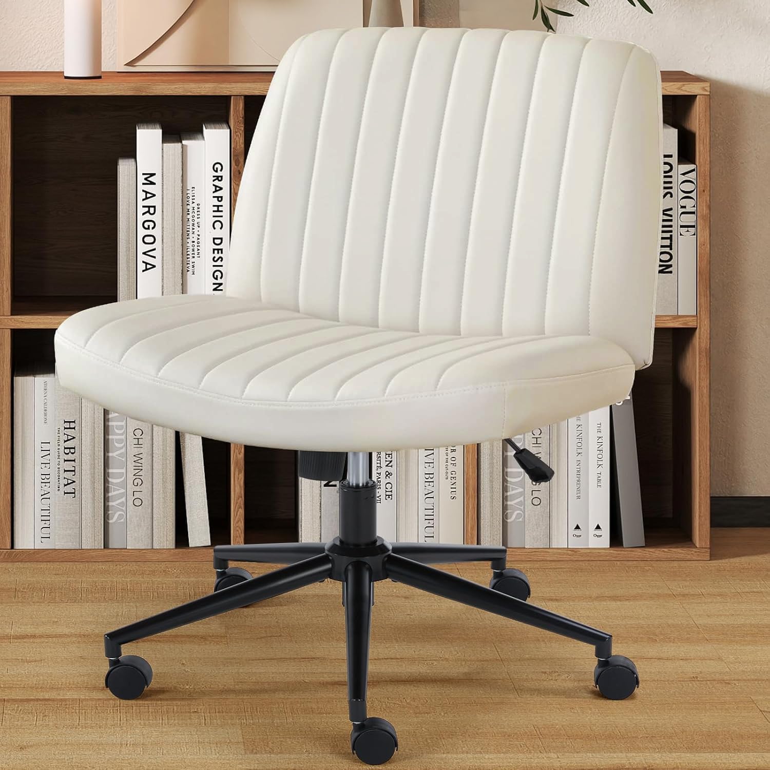 OLIXIS Criss Cross Chairs Legged Armless with Wheels Wide Seat Height Adjustable Swivel Rolling Padded PU Leather Home Office Desk Seating for Bedroom, Student, Study Room Pu-beige Luxurious(With Wheels)